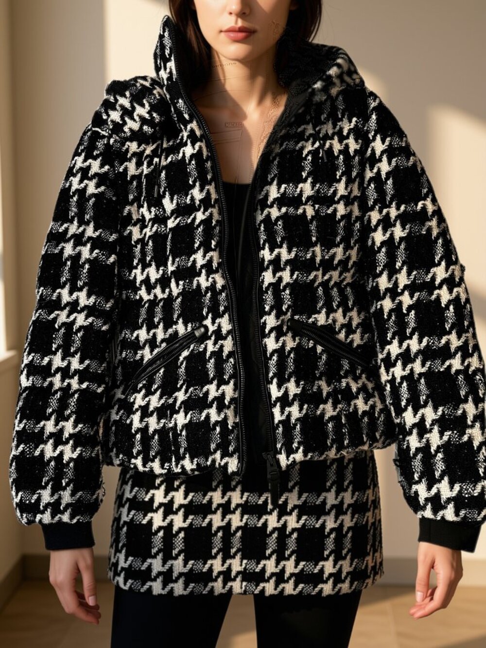Mackage Madalyn Houndstooth Tweed Down Jacket Removable Hood Black White Metalli - Picture 2 of 13